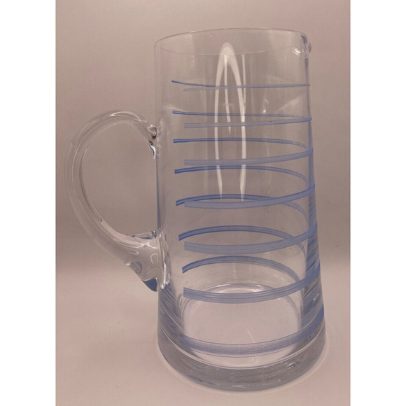 Vintage Heavy Glass Pitcher with Blue Stripes Pre-owned - Picture 2 of 5